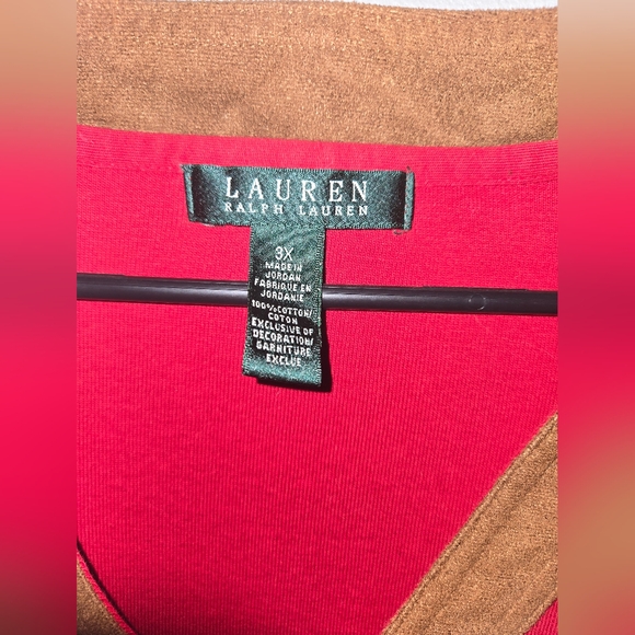 Women's Lauren Ralph Lauren Red Blouse, v-neck, side slits, faux suede trim, 3X - Picture 4 of 8